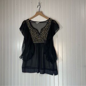 Y2K‎ Fashion Bug Black Sheer Ruffle Top Gold Studs Goth Angelcore M